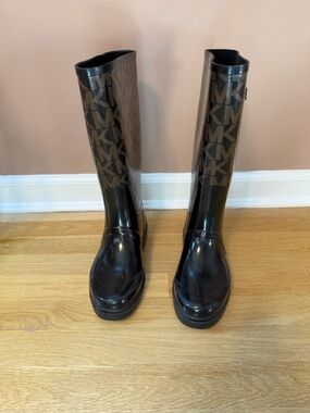 Michael Kors Brown and Black MK Logo Tall Rain Boots